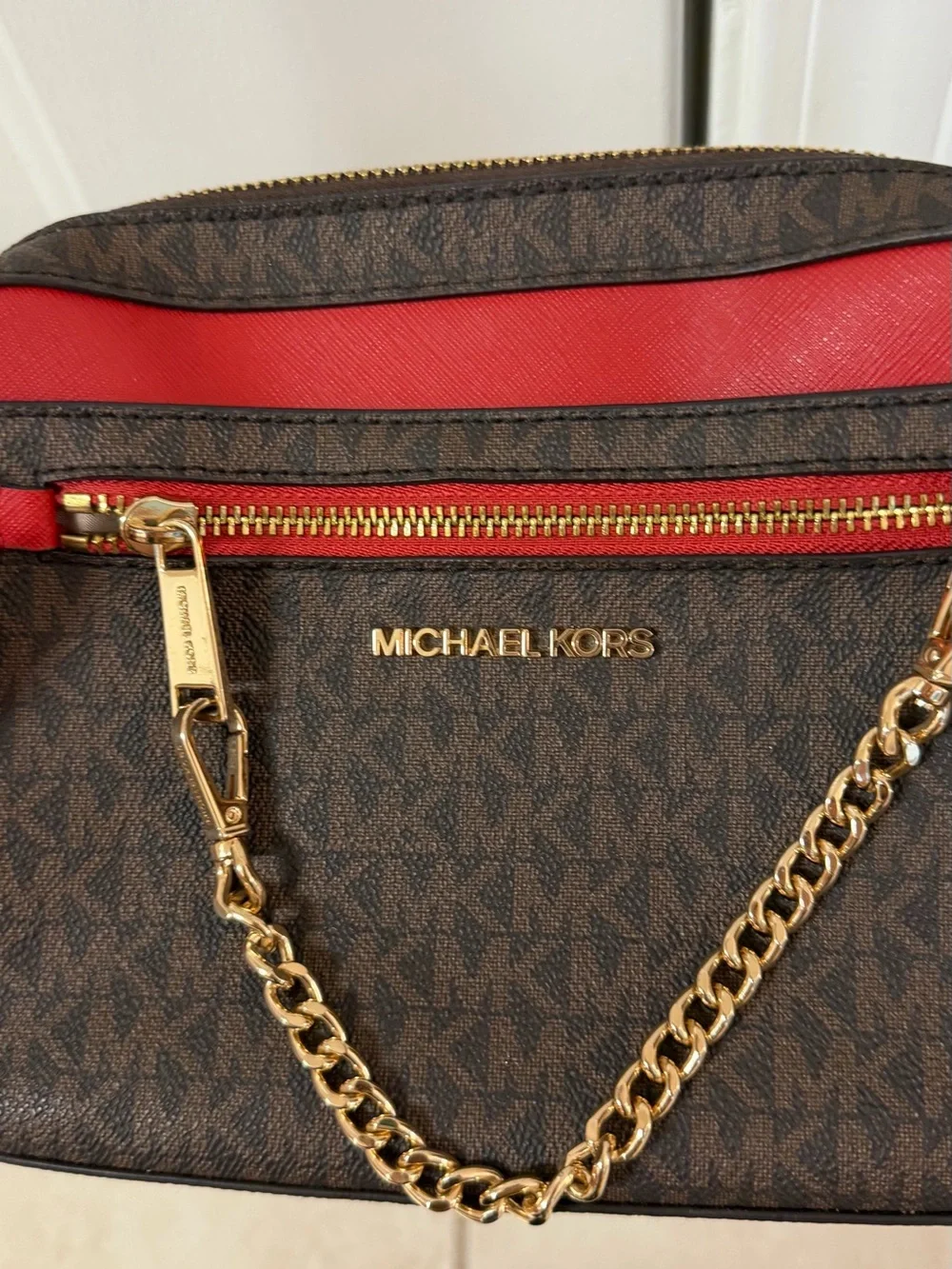 Michael Kors Brown and Red Chain-Accent Shoulder Bag one strap needs sewn pix